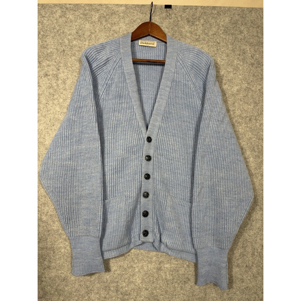 VTG Parkhurst Cardigan Sweater LRG Blue Ribbed Knit Button Front Made in Canada